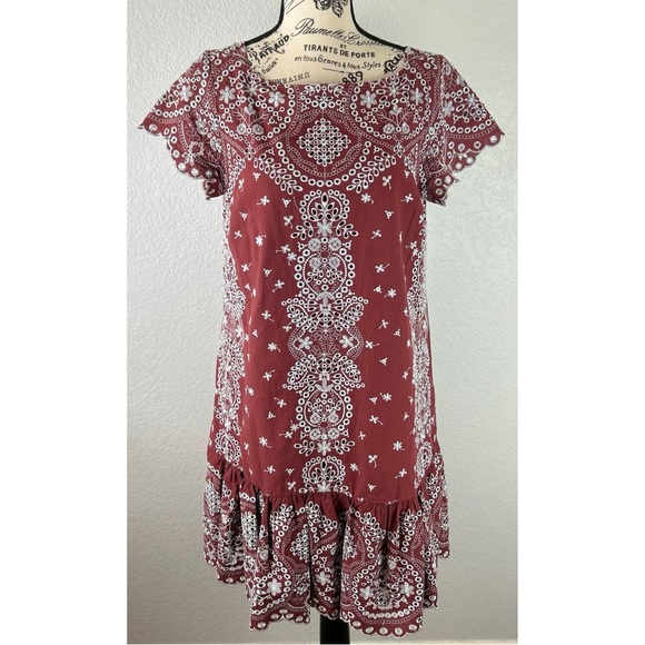 Anthropologie Feather Bone Maroon with Blue Embroidery Ruffle Dress, size Small - Picture 2 of 12